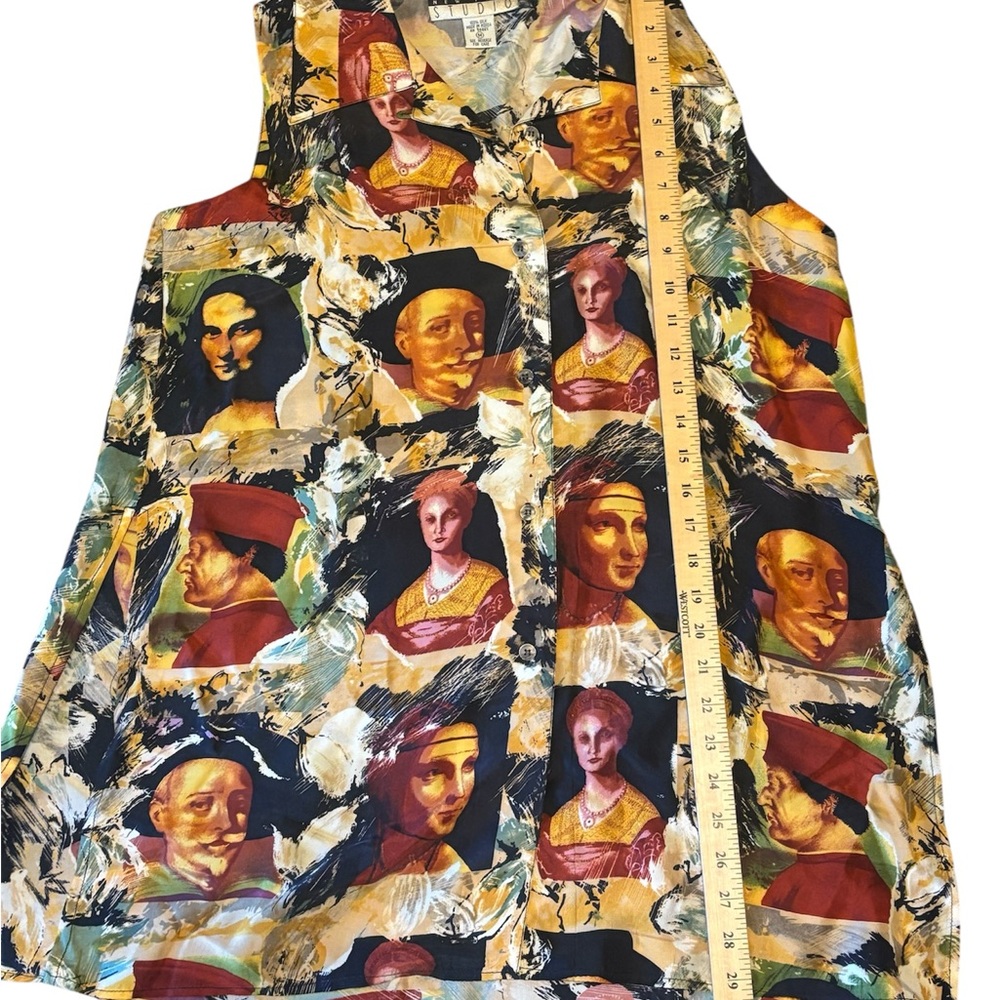 VTG Max Studio New York 100% Silk Sleeveless Button-Down, Size M, Art Print - Picture 3 of 6
